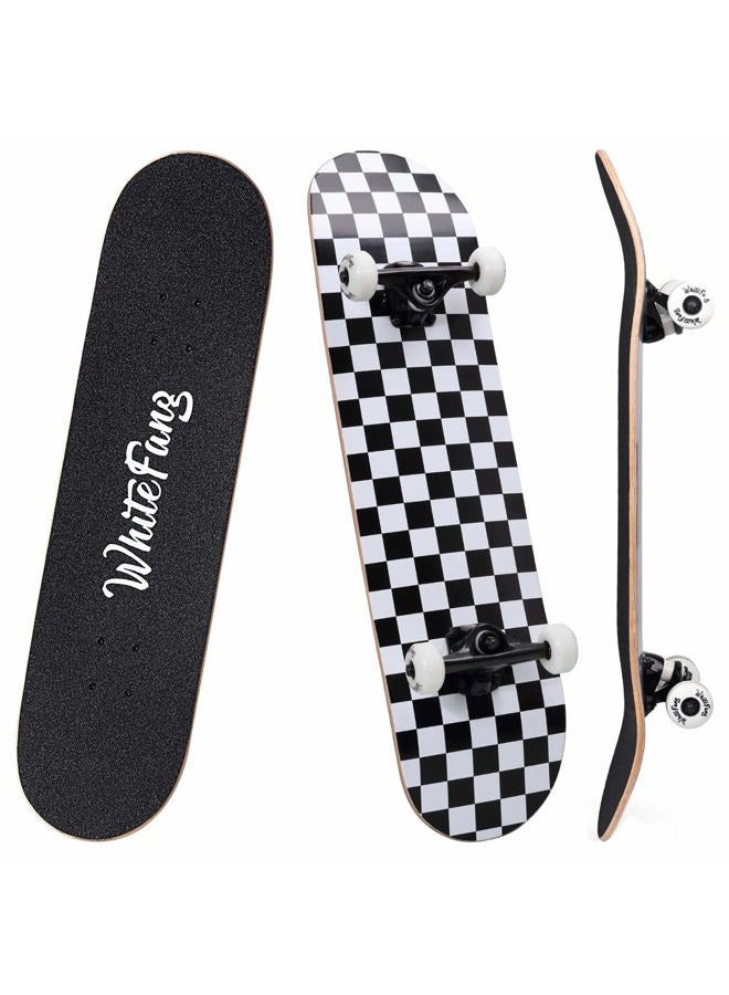 WhiteFang Skateboards 31 Inch Complete Skateboard Double Kick Skate Board 7 Layer Canadian Maple Deck Skateboard for Kids and Beginners (Check) - Image 1