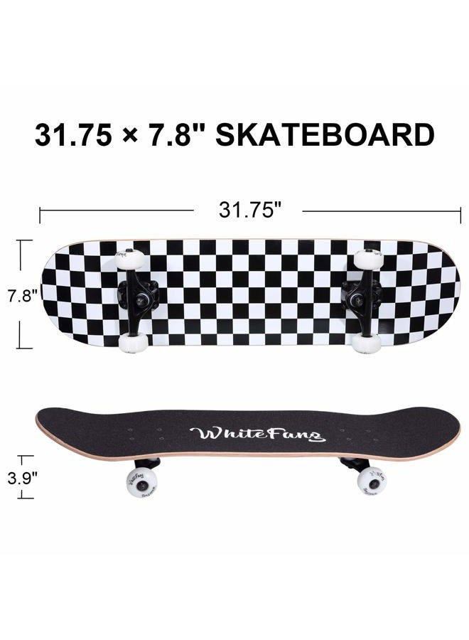 WhiteFang Skateboards 31 Inch Complete Skateboard Double Kick Skate Board 7 Layer Canadian Maple Deck Skateboard for Kids and Beginners (Check) - Image 2