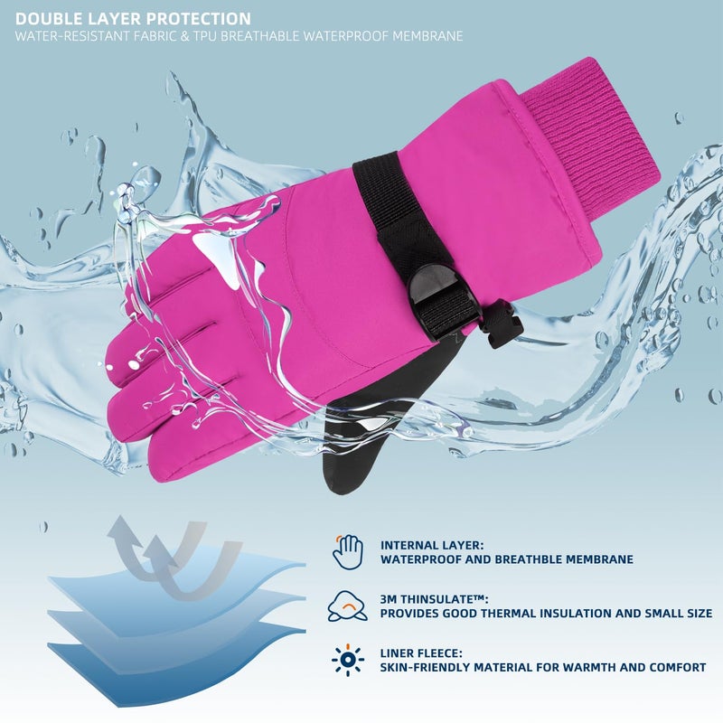 AMYIPO Kids Winter Snow Ski Gloves Children Snowboard Gloves for Boys Girls (B - Rose, 4-6 Years) - Image 4