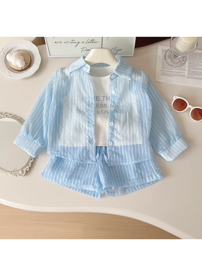 Ayada Home oddler Girls 3 Piece Outfit, Kids Light Blue Striped Button Down Shirt + Inner T-Shirt + Drawstring Shorts Set, Baby Girls Breathable Summer Casual Clothes for 2-8 Years - Image 1