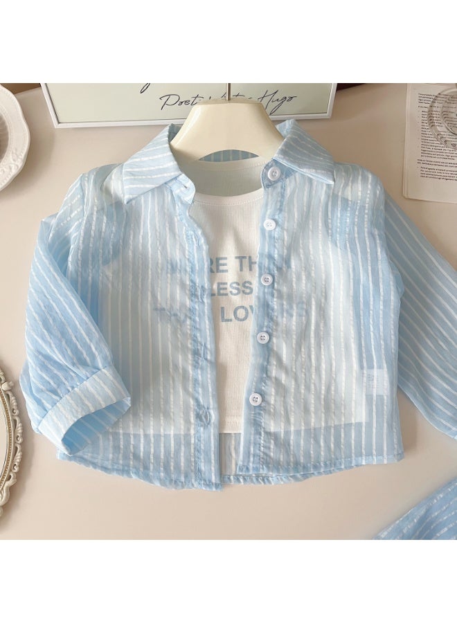 Ayada Home oddler Girls 3 Piece Outfit, Kids Light Blue Striped Button Down Shirt + Inner T-Shirt + Drawstring Shorts Set, Baby Girls Breathable Summer Casual Clothes for 2-8 Years - Image 3