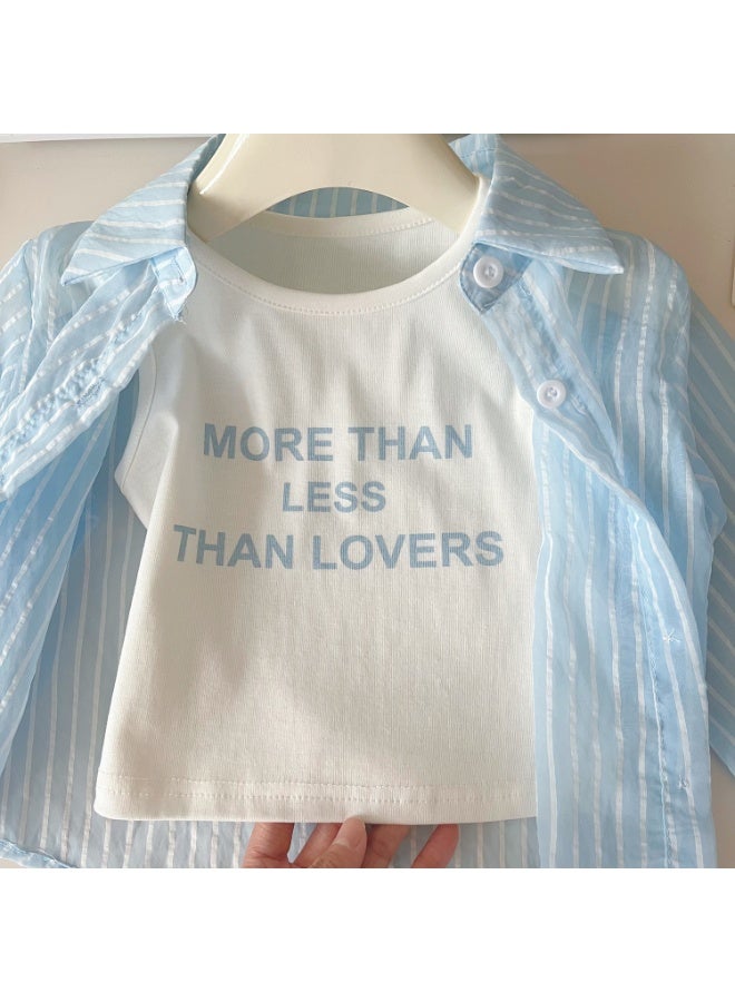 Ayada Home oddler Girls 3 Piece Outfit, Kids Light Blue Striped Button Down Shirt + Inner T-Shirt + Drawstring Shorts Set, Baby Girls Breathable Summer Casual Clothes for 2-8 Years - Image 5