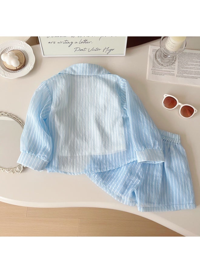 Ayada Home oddler Girls 3 Piece Outfit, Kids Light Blue Striped Button Down Shirt + Inner T-Shirt + Drawstring Shorts Set, Baby Girls Breathable Summer Casual Clothes for 2-8 Years - Image 2
