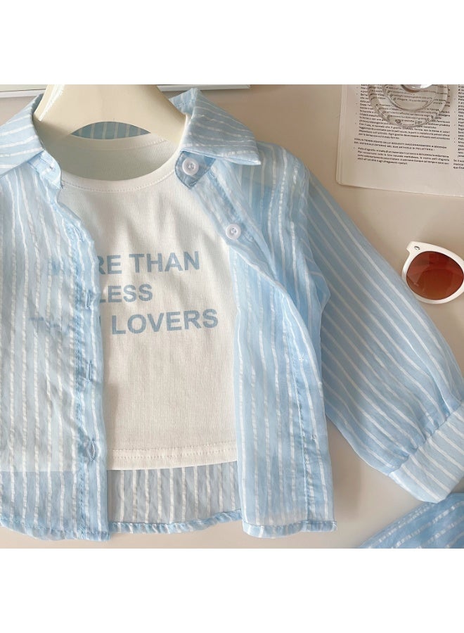 Ayada Home oddler Girls 3 Piece Outfit, Kids Light Blue Striped Button Down Shirt + Inner T-Shirt + Drawstring Shorts Set, Baby Girls Breathable Summer Casual Clothes for 2-8 Years - Image 4