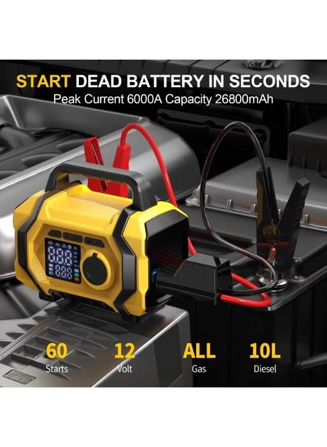 6000A 26800mAh Jump Starter with Air Compressor, Car Battery Jumper Starter power Bank (ALL Gas/10.0L Diesel), Cordless Auto-Shutoff Tire Inflator, Type-C Quick Charge, Smart Jumper, LED Lights - Image 5