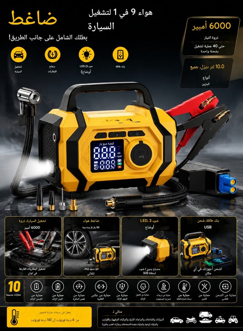 6000A 26800mAh Jump Starter with Air Compressor, Car Battery Jumper Starter power Bank (ALL Gas/10.0L Diesel), Cordless Auto-Shutoff Tire Inflator, Type-C Quick Charge, Smart Jumper, LED Lights - Image 2