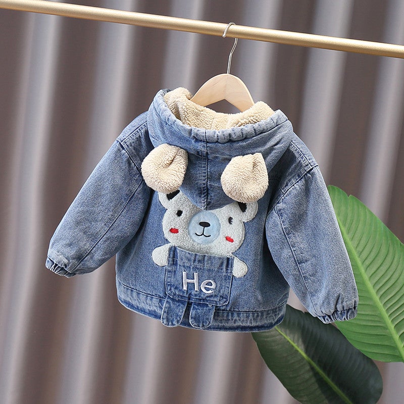 2173 Boys' Jacket Autumn/Winter Fleece-Lined Baby Denim Cotton Clothes Thickened Stylish Lamb Fleece Children'S