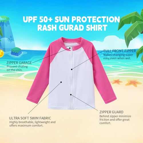 Ubestyle Baby Toddler UPF 50+ Rash Guard — Long Sleeve Full Zip Swim Shirt, Quick Dry Sun Protection White Pink - Image 3