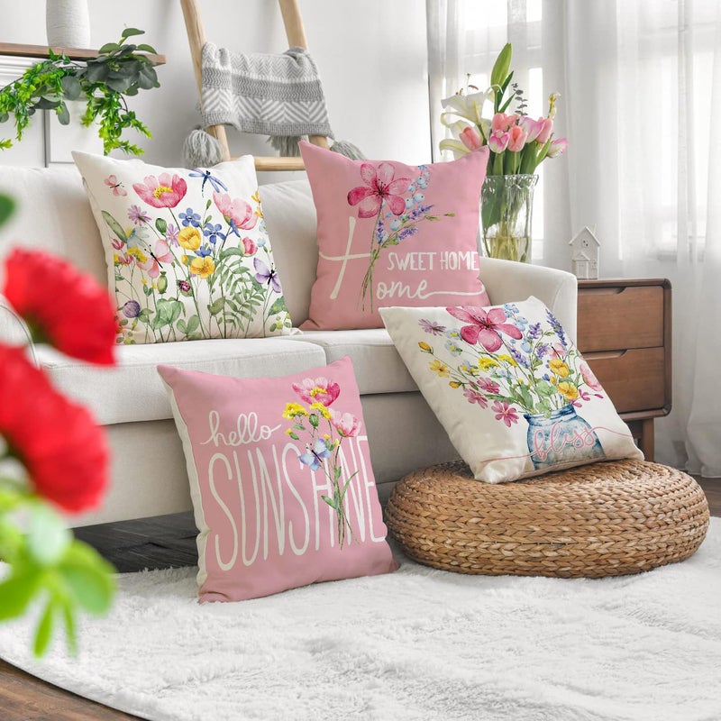 WOKANI Spring Outdoor Throw Pillow Covers 18x18 Set of 4 Garden Flowers Farmhouse Patio Decorative Cushion Covers Home Decor Couch for Sofa Bedroom Livingroom, Pink - Image 2