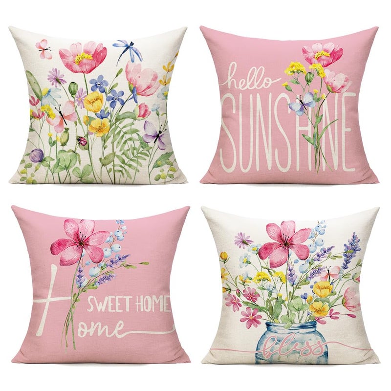 WOKANI Spring Outdoor Throw Pillow Covers 18x18 Set of 4 Garden Flowers Farmhouse Patio Decorative Cushion Covers Home Decor Couch for Sofa Bedroom Livingroom, Pink - Image 1
