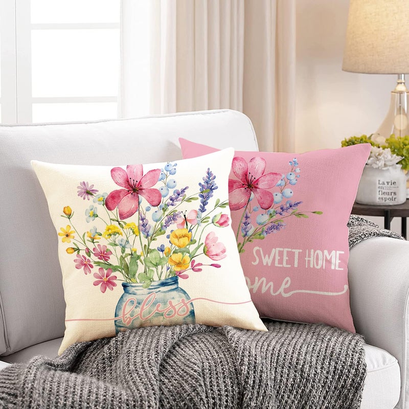 WOKANI Spring Outdoor Throw Pillow Covers 18x18 Set of 4 Garden Flowers Farmhouse Patio Decorative Cushion Covers Home Decor Couch for Sofa Bedroom Livingroom, Pink - Image 3