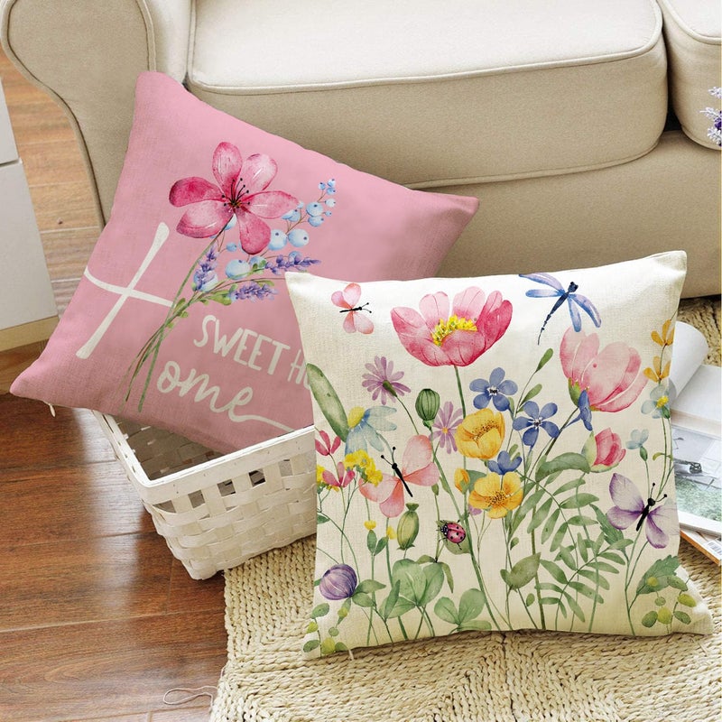 WOKANI Spring Outdoor Throw Pillow Covers 18x18 Set of 4 Garden Flowers Farmhouse Patio Decorative Cushion Covers Home Decor Couch for Sofa Bedroom Livingroom, Pink - Image 4