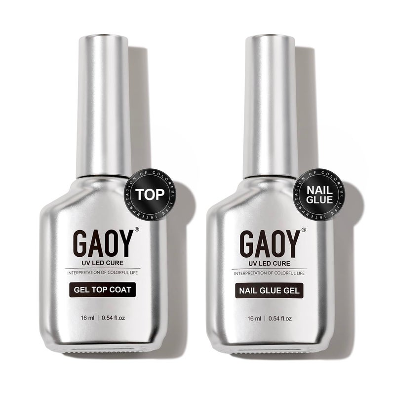 GAOY Gel Top Coat and Nail Glue Gel Set, 2 Pcs 16ml Clear Glossy No Wipe Combination for UV Light Cure - Image 1