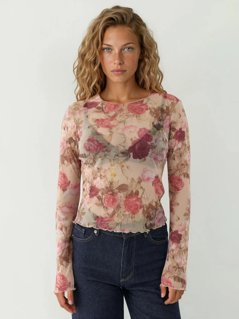 Hiccup Bright Pink Patterned Long Sleeve Sheer Blouse for Women | Best Price UAE