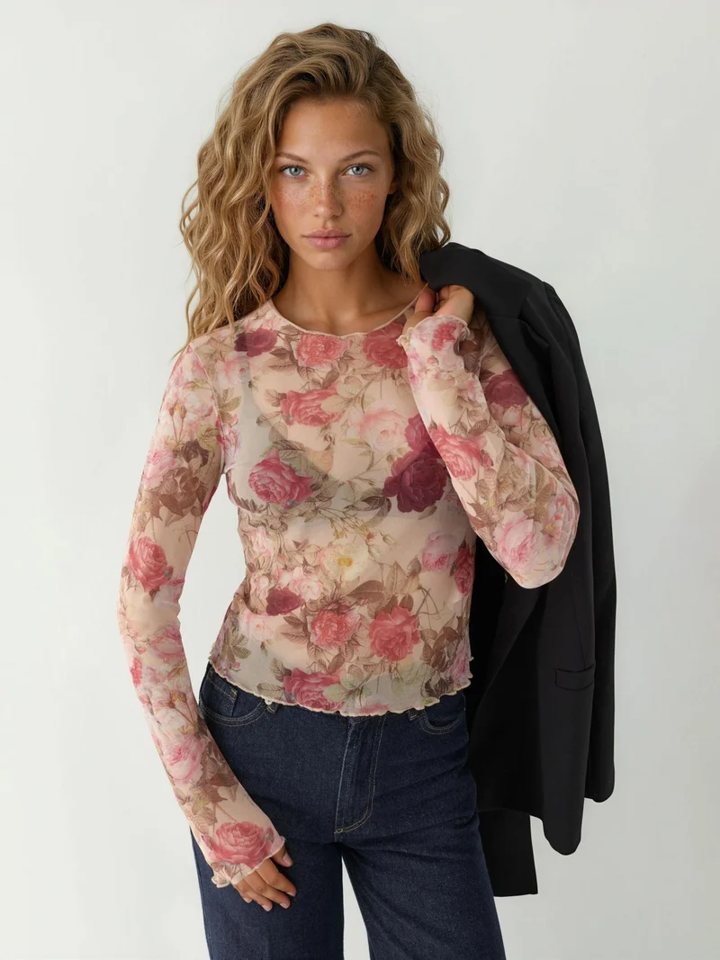 Patterned Long Sleeve Sheer Blouse