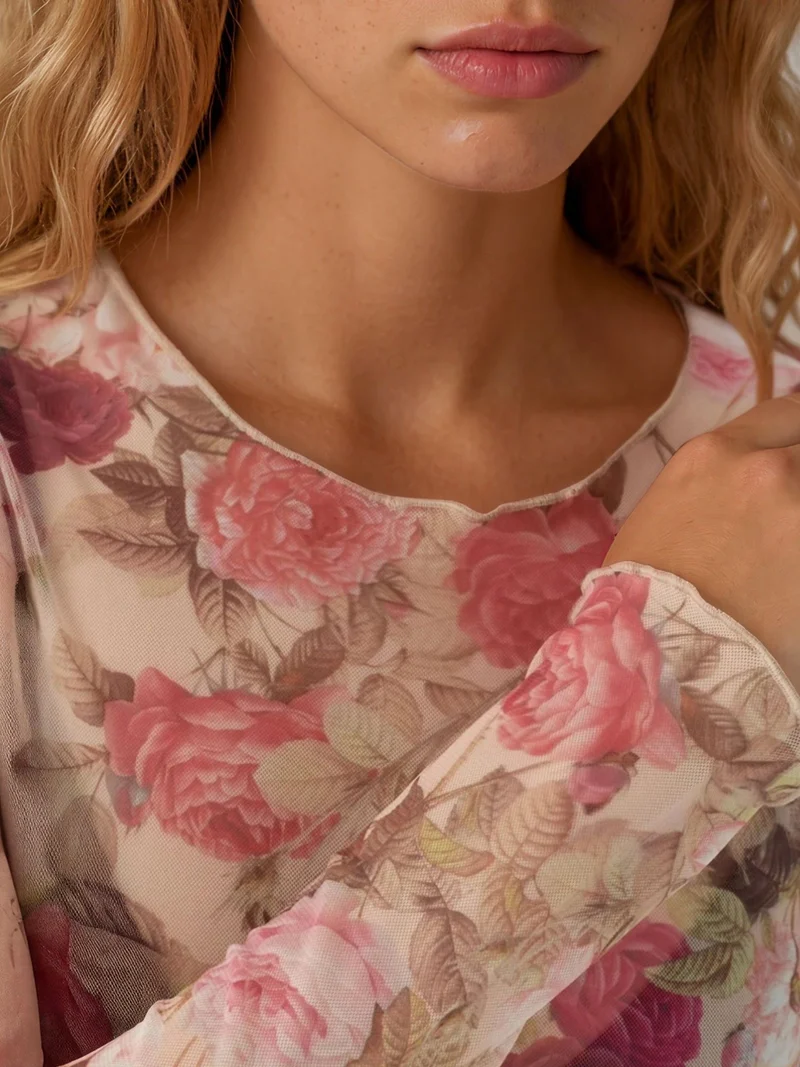 Hiccup Bright Pink Patterned Long Sleeve Sheer Blouse for Women | Best Price UAE