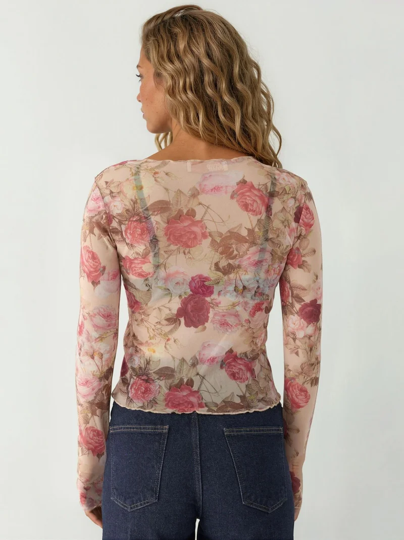 Hiccup Bright Pink Patterned Long Sleeve Sheer Blouse for Women | Best Price UAE