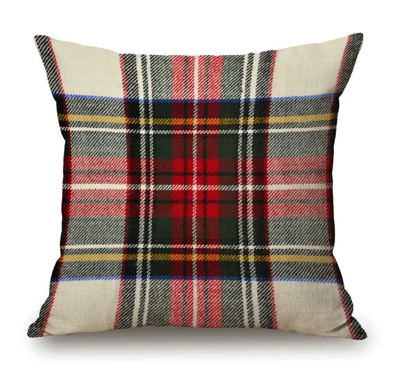 غطاء وسادة مزخرف 18x18 بوصة بنمط تارتان اسكتلندي أحمر وأبيض من الصوف بنمط مزخرف مربع متماثل مزدوج الجوانب