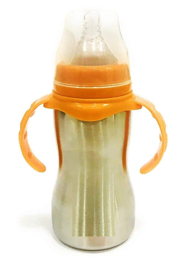 Lappu Double Kids Stainless Steel Feeding Bottle/Steel Feeder, Anti Colic 2 in 1 Feeding Bottle/Spout Sipper (290 ml Orange with Brush) - Image 2