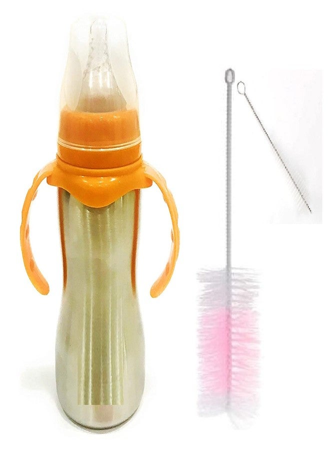 Lappu Double Kids Stainless Steel Feeding Bottle/Steel Feeder, Anti Colic 2 in 1 Feeding Bottle/Spout Sipper (290 ml Orange with Brush) - Image 1