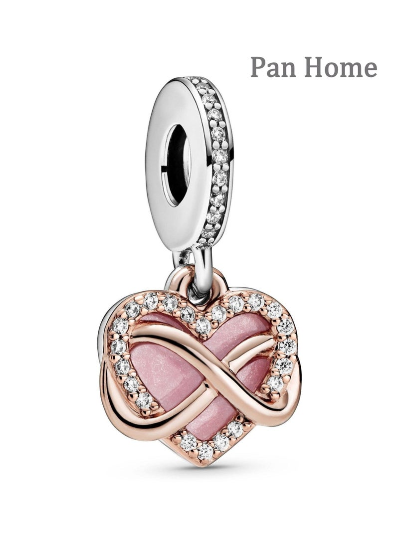 Pan Home Jewelry Sparkling Infinity Heart Dangle Charm - Pink Necklace or Bracelet Charm for Women - Sterling Silver and 14k Rose Gold-Plated with Cubic Zirconia - Image 1