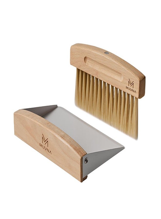 MUVNA Small Coffee Brush and Dustpan Set - Magnetic Hand Solid Wood Soft Bristles, Barista Cleaning Tool for Espresso Machine, Coffee Grinder, Home Kitchen Countertop, Silver - Image 1