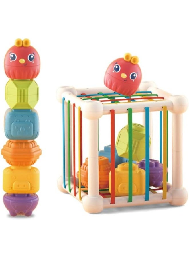 حديقة الألعاب ألعاب حسية للأطفال – مكعب نشاط مونتيسوري مع أشكال وخيوط مطاطية ولعب التكديس للأطفال من عمر 1 إلى 2 سنة - Image 1