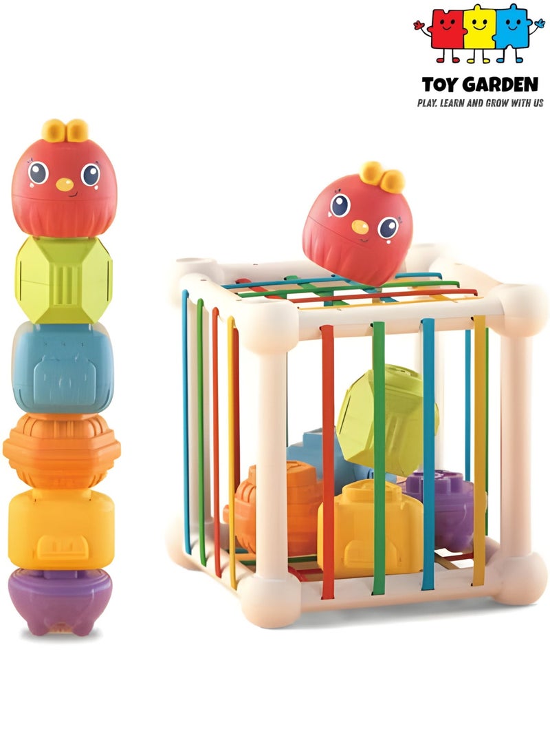 TOY GARDEN Baby Sensory Toys – Montessori Activity Cube with Shapes, Elastic Bands & Stacking Play for Toddlers Ages 1–2 - Image 1