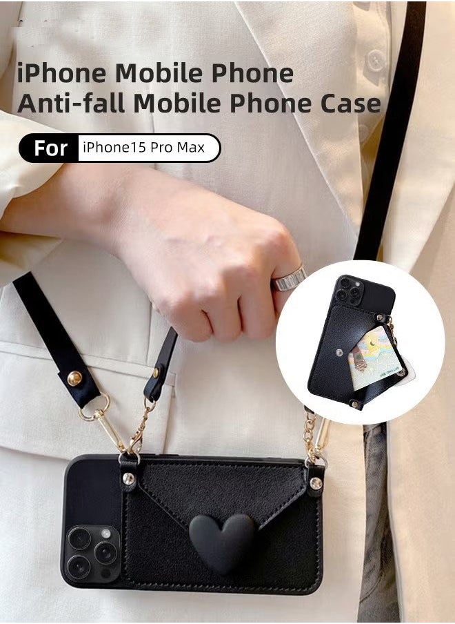 Generic - Crossbody iPhone 15 Pro Max Case with Lanyard Strap and Hand Strap Credit Card Holder 6.7" Protective Wallet PU Leather Handbag Purse Cover Phone Case for Women Girl - Image 1