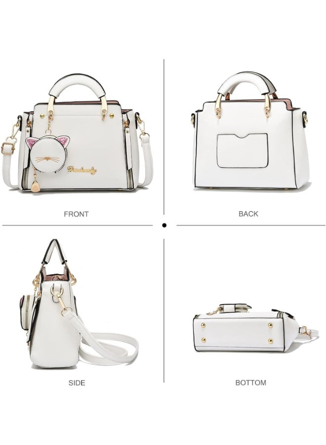 SHABILI Women Tote Bags Crossbody Shoulder Cross Bags Satchel Clutch, Ladies Premium Oxford Fabric Cat Charm Large Capacity Multi Pocket Purse, for College Student Daily Casual Travel Party Work Use (White) - Image 5