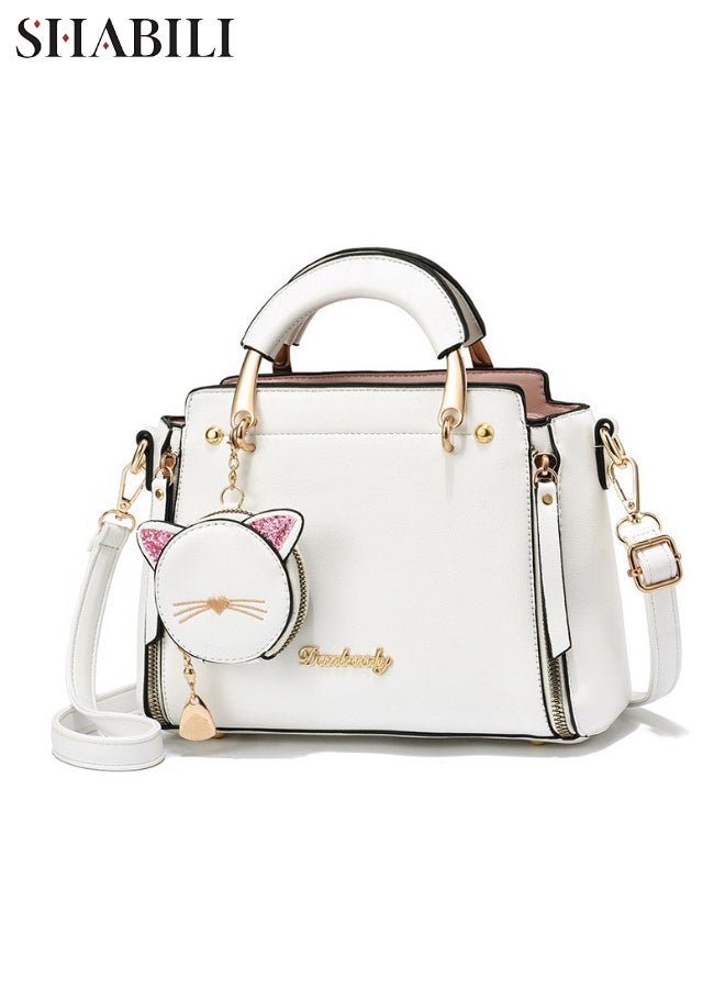 SHABILI Women Tote Bags Crossbody Shoulder Cross Bags Satchel Clutch, Ladies Premium Oxford Fabric Cat Charm Large Capacity Multi Pocket Purse, for College Student Daily Casual Travel Party Work Use (White) - Image 1