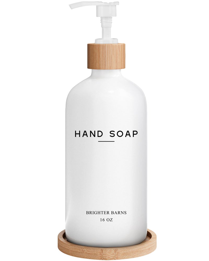 Brighter Barns White Glass Hand Soap Dispenser Bathroom Set by Brighter Barns - Liquid Hand Soap Dispenser for Kitchen Sink - Boho Bathroom Pump Bottle Set - Minimalist Home Decor for Vacation Rental, Gifts (White) - Image 1