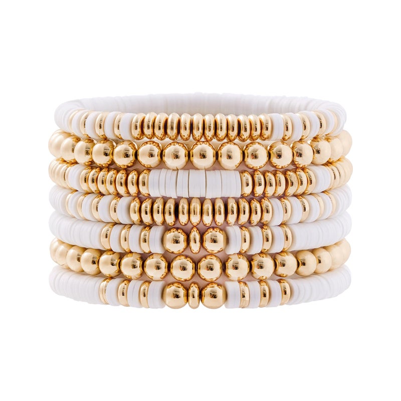 GOOJIDS Surfer Heishi Clay Bead Bracelets for Women Bohemian Stackable Gold Plated Beaded Stretch Bracelets Elastic Layering Friendship Bracelets Set Boho Jewelry - Image 1