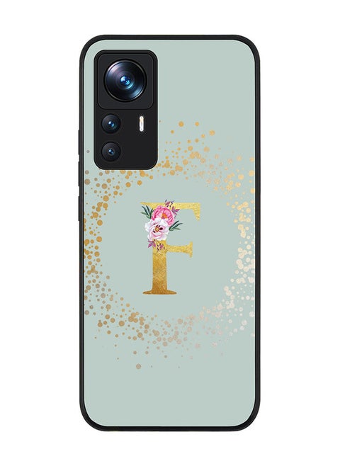 Rugged Black edge case for Xiaomi 12T/12T Pro Slim fit Soft Case Flexible Rubber Edges TPU Gel Thin Cover - Custom Monogram Initial Letter Floral Pattern Alphabet - F (Light Grey)