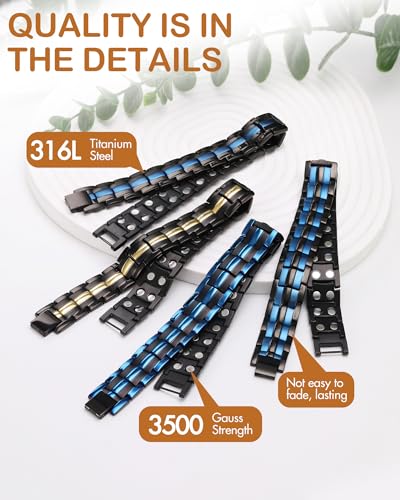 Feraco Magnetic Bracelet for Men Titanium Steel Magnetic Bracelet for Men with Double Row Magnets Adjustable Black Blue - Image 5