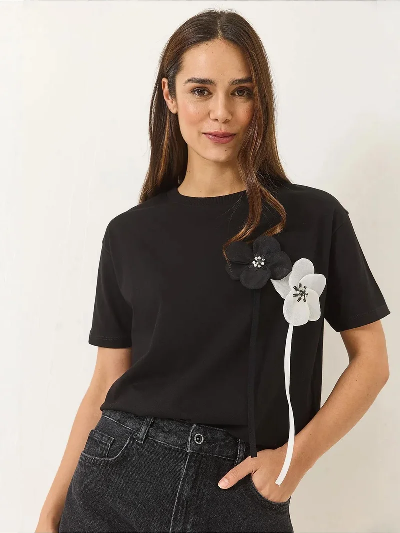 Bianco Lucci Black LUCCI Flowering Print Short Sleeve T-Shirt for Women | Best Price UAE
