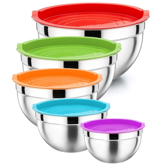PP CHEF MIXING BOWL WITH LID SET OF 5 10PIECE STAINLESS STEEL NESTING SALAD BOWL SET FOR PREPPING MIXING AND SERVING SIZE 46 3 15 1 07 QT RIMMED EDGES FLAT BASE MULTICOLOR