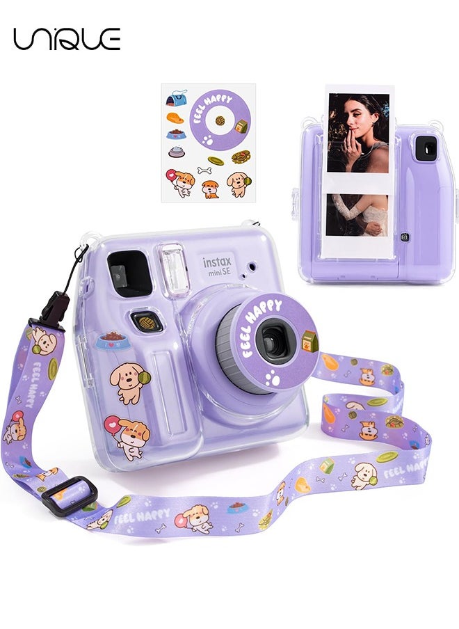 Unique 3 Pack Clear Camera Case - Hard Clear Case for Fujifilm Instax Mini SE Instant Camera, Mini SE Plastic Cover with Cute Sticker and Shoulder Strap - Purple Happy Dog  - Image 1