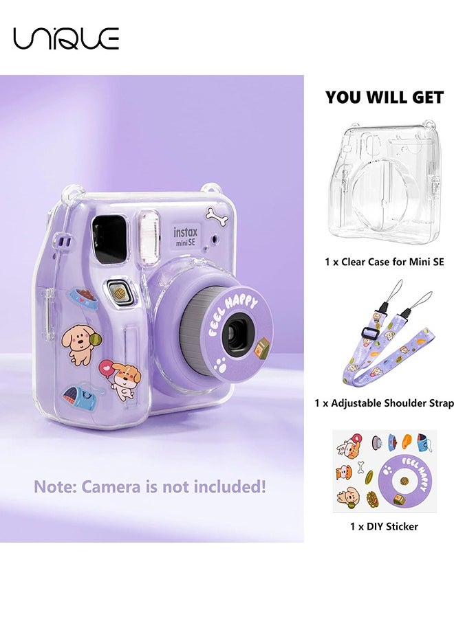 Unique 3 Pack Clear Camera Case - Hard Clear Case for Fujifilm Instax Mini SE Instant Camera, Mini SE Plastic Cover with Cute Sticker and Shoulder Strap - Purple Happy Dog  - Image 3