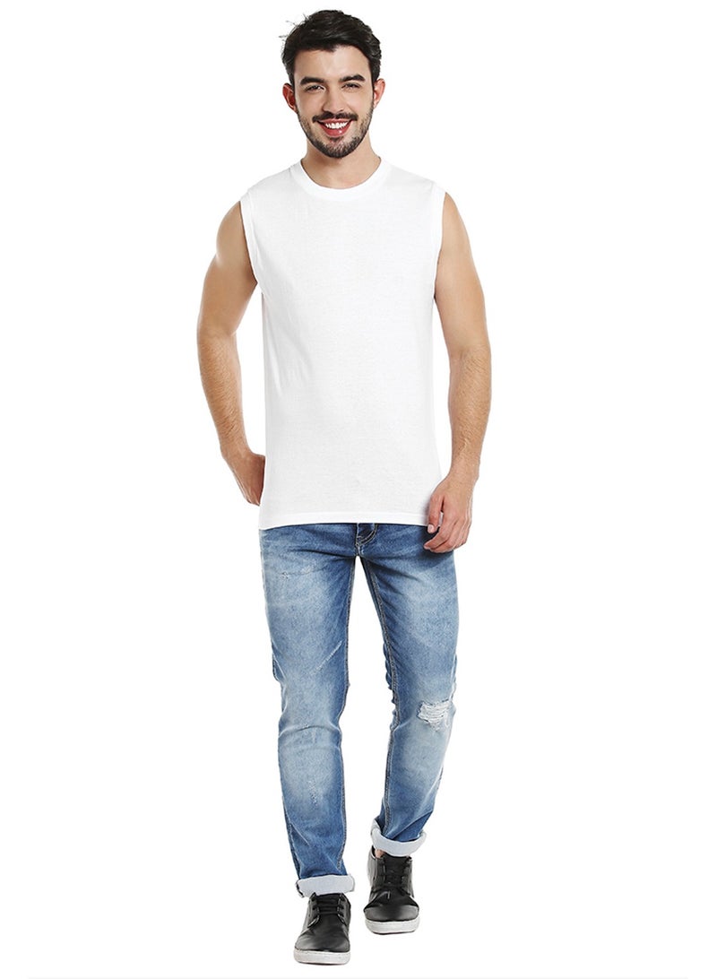 BYC MEN'S SLEEVELESS O-NECK COTTON T-SHIRT (PACK OF 3) - WHITE  - Image 2