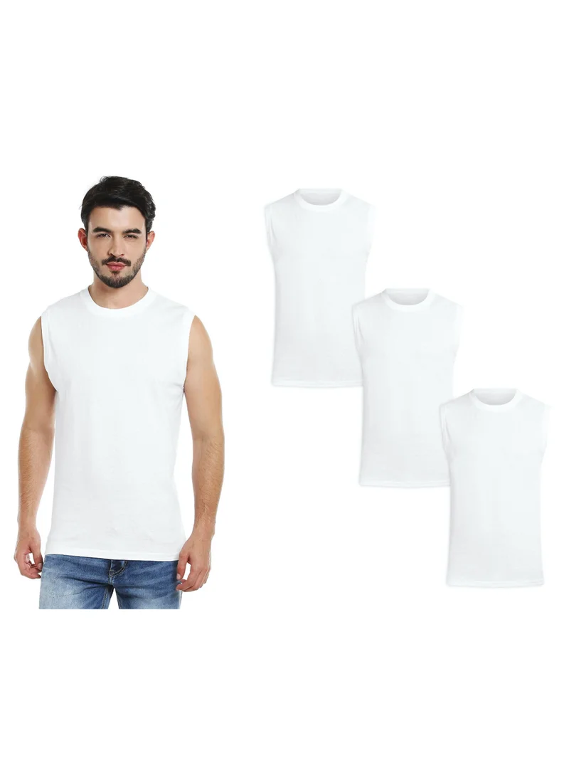 BYC MEN'S SLEEVELESS O-NECK COTTON T-SHIRT (PACK OF 3) - WHITE