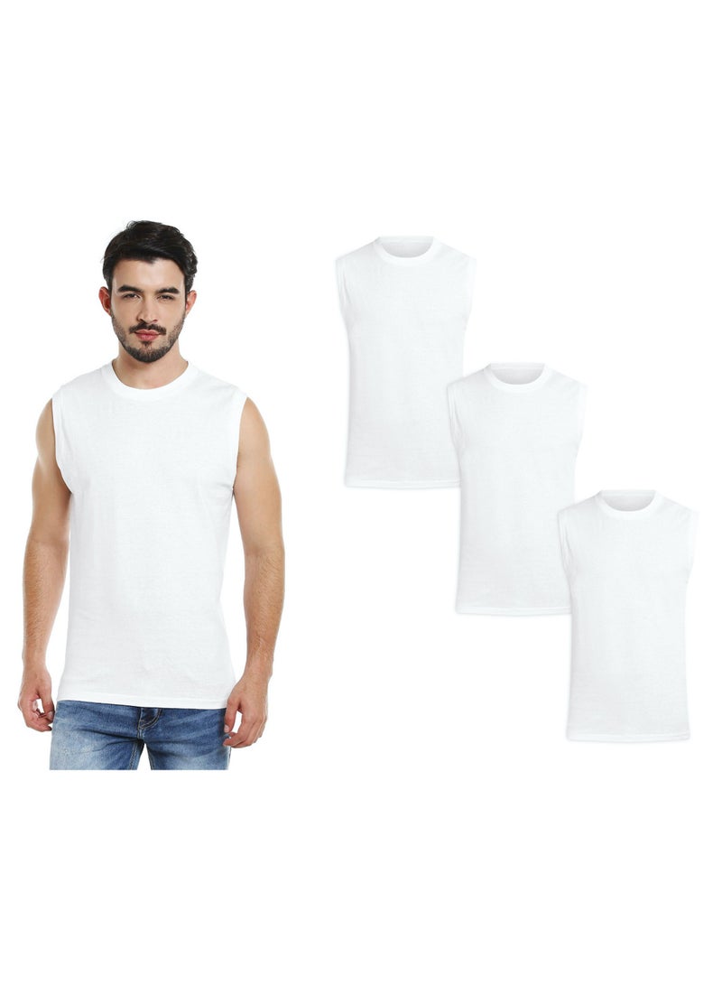 BYC MEN'S SLEEVELESS O-NECK COTTON T-SHIRT (PACK OF 3) - WHITE  - Image 1