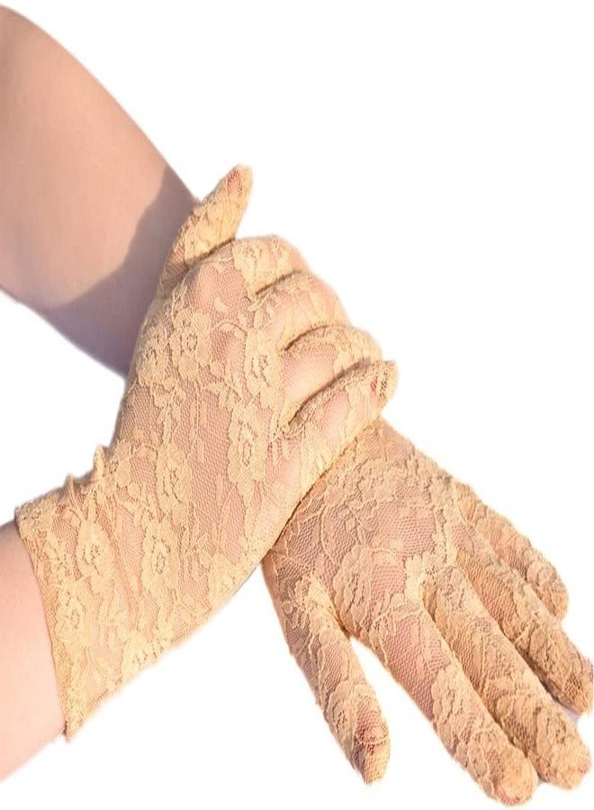 KETKAR Ladies Lace Short Wedding Gloves Elegant Bridal Gloves Floral Lace Party_Beige - Image 1