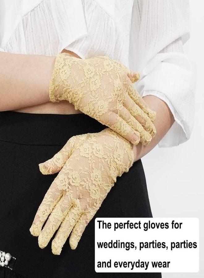 KETKAR Ladies Lace Short Wedding Gloves Elegant Bridal Gloves Floral Lace Party_Beige - Image 2