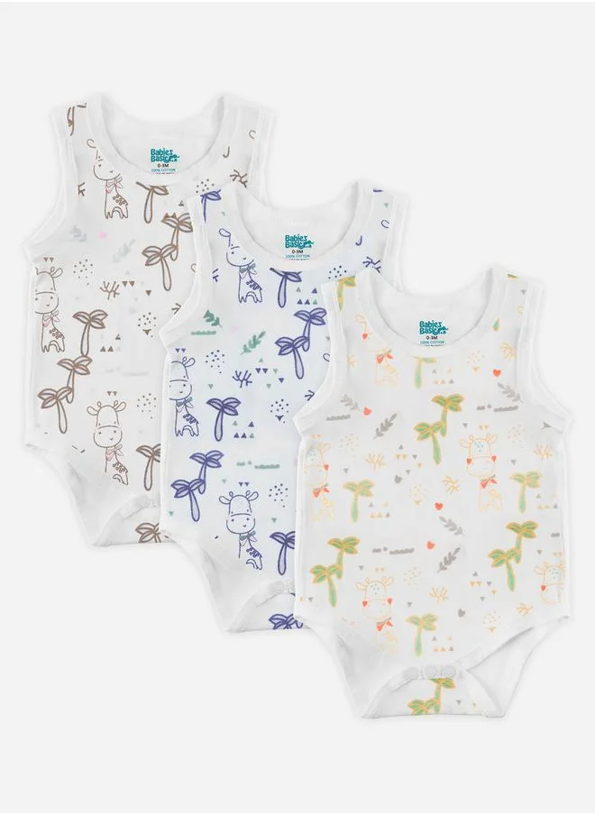Babies Basic Pack of 3 - Printed Combed Cotton Sleeveless Bodysuit