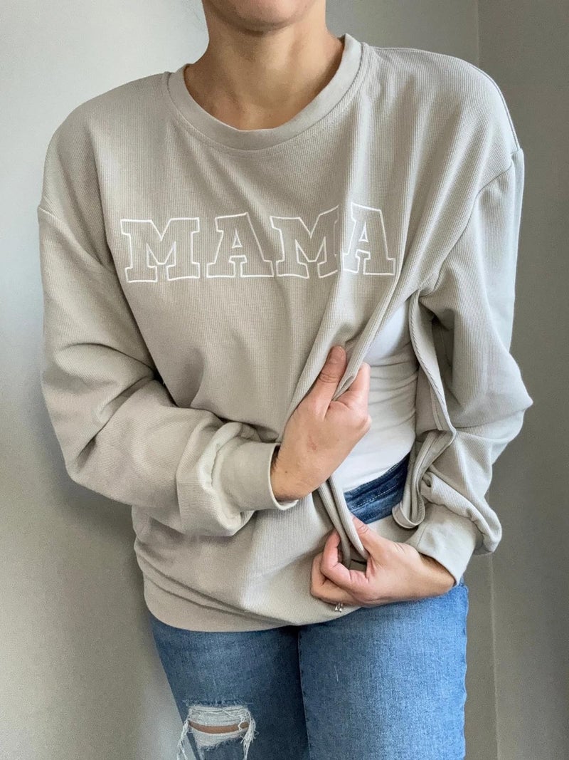 AEARGIV Women Waffle Knit Mama With Zippers Breastfeeding Sweatshirt Mama Embroidered Zip Nursing Pullover Tops(S,Silver Grey) - Image 3