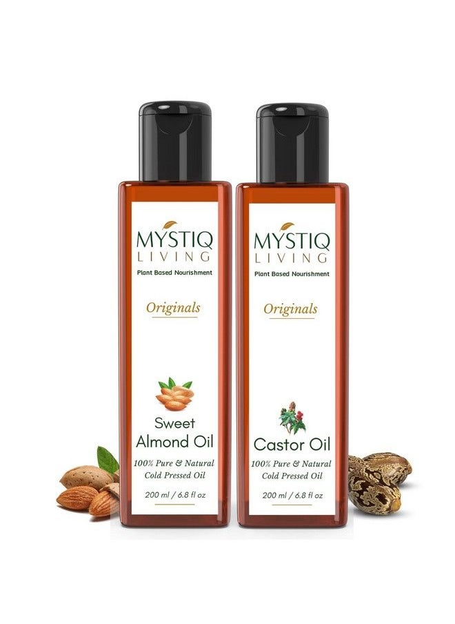 MYSTIQ LIVING - Originals Combo Castor Oil & Sweet Almond Oil; Hair Growth & Baby Massage ; Cold Pressed 100% Pure & Naturals 200Ml (Pack Of 2) 100 Ml Each - Image 1