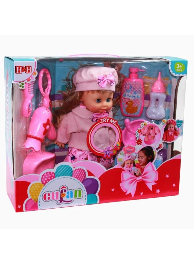 Plastic Doll with Accessories - Pink - Image 1