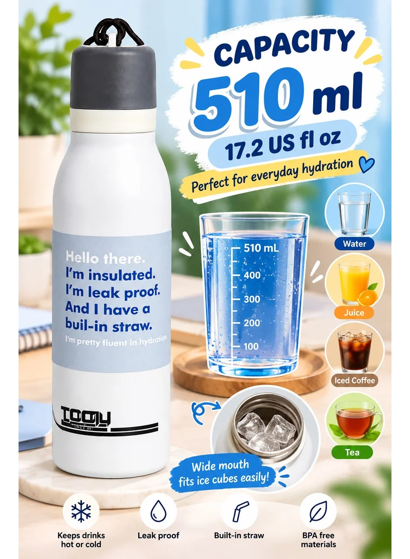 Tooly White Insulated Stainless Steel Water Bottle with Built-in Straw (510ml / 17oz) - "Hello There" Print Design | Leak-Proof Hot & Cold Thermal Flask for Gym, Office & Travel