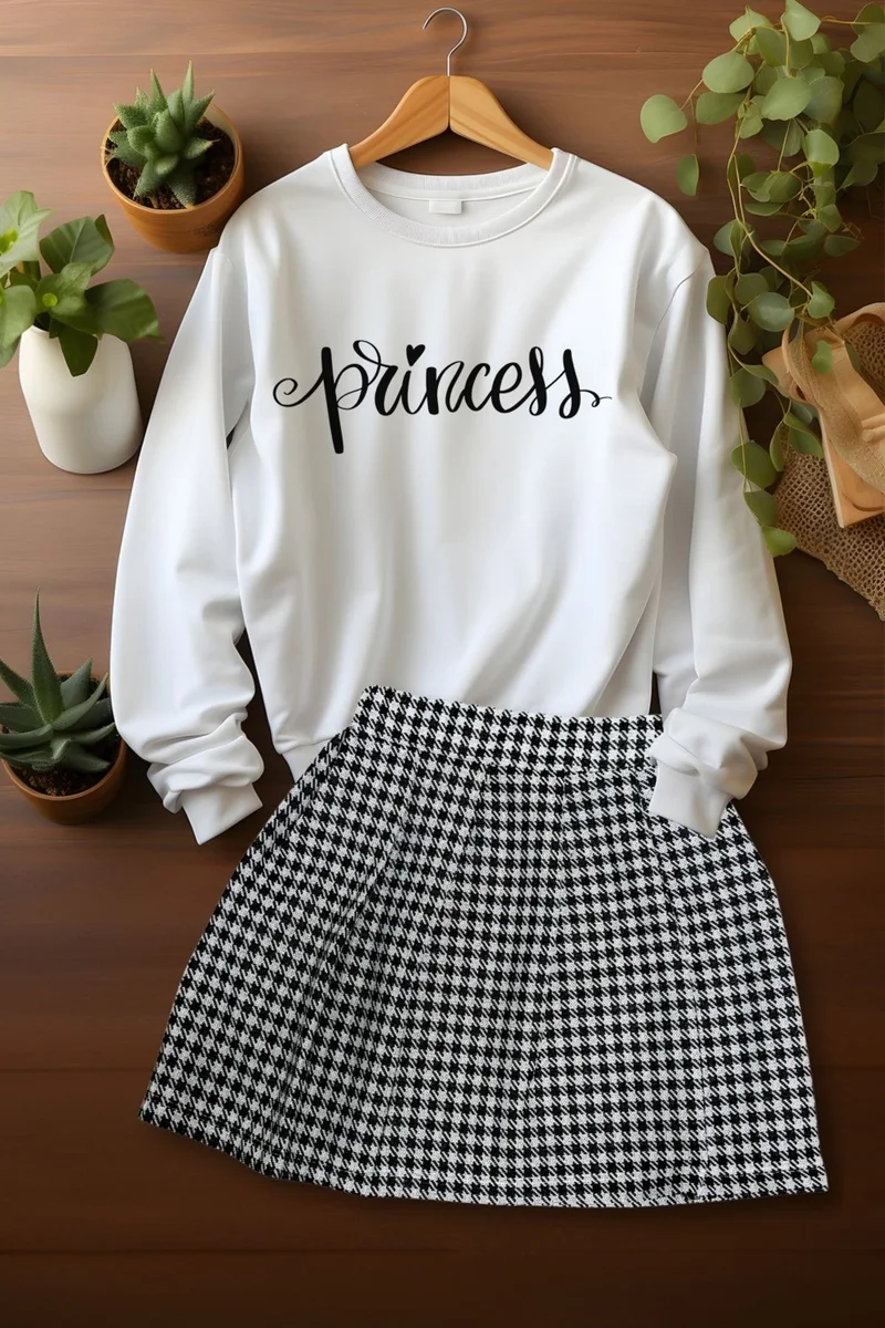 Ada Bebek Çocuk Ada Baby Child Style Plaid Skirt Princes Patterned Sweat Skirt Top and Bottom Set